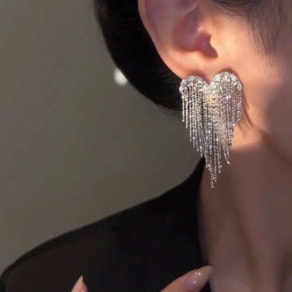 Silver Casual Women's Heart Shaped Rhinestone & Tassel Earrings - Picture 3 of 5